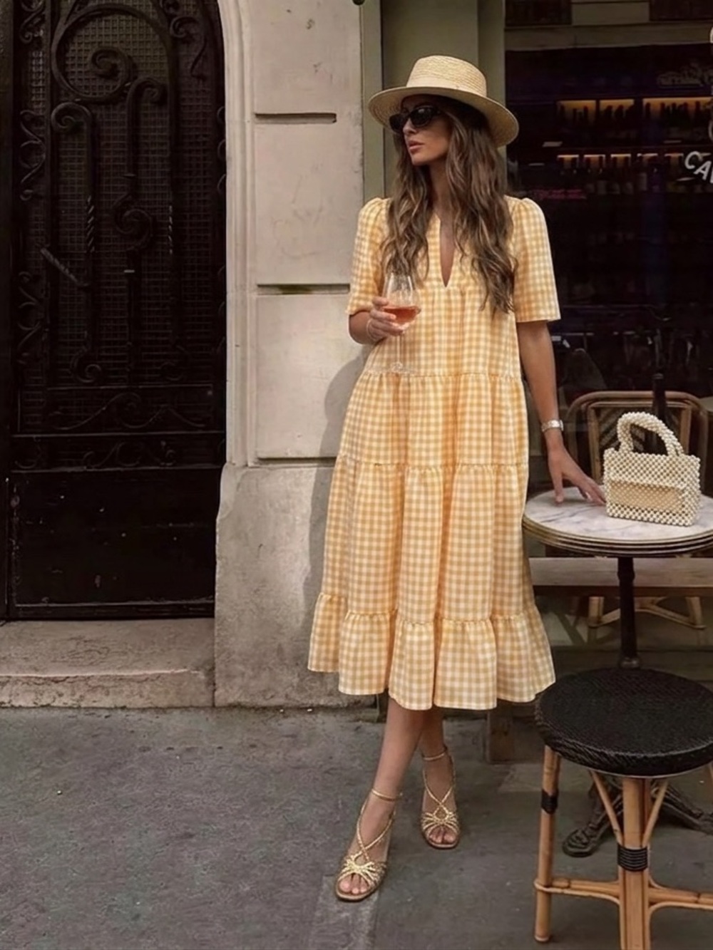 Yellow Gingham Maxi Dress with Tiered Skirt
